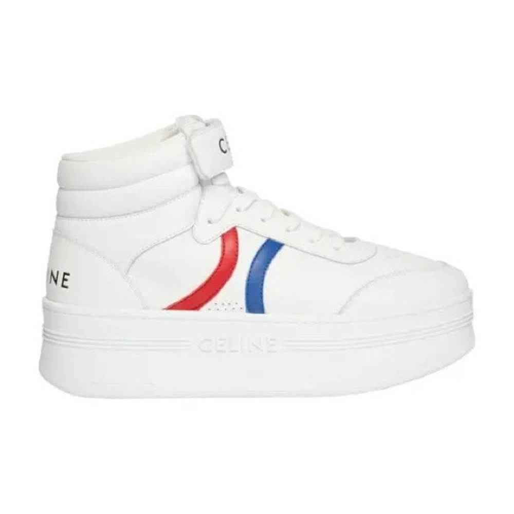 Celine Block White High-Top Sneakers in Calfskin with Red and Blue Stripes